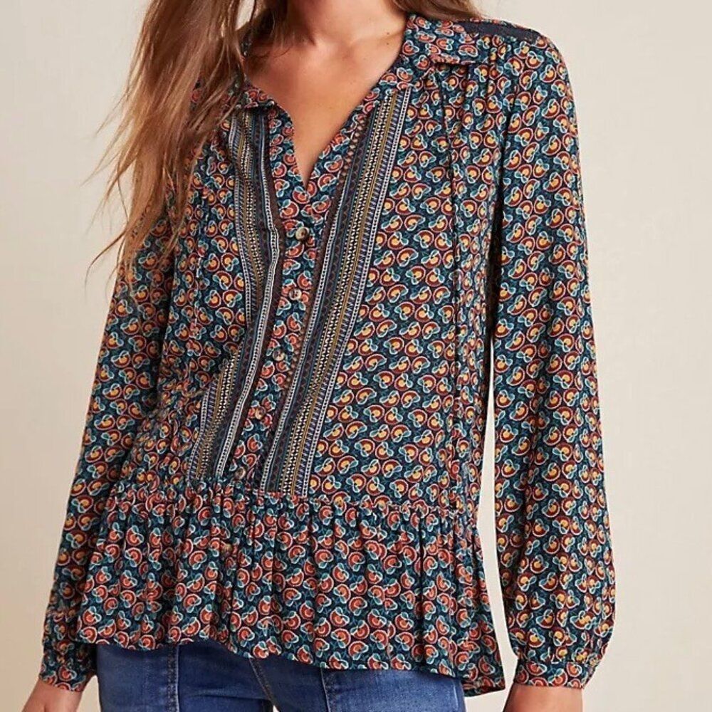 Anthropologie Maeve Janie Flounced Peasant Tie Neck Long Sleeve Top Size 2